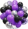 Purple Black Silver Latex Balloons, 65pcs 12 Inches Metallic Silver Purple Confetti Balloons with 1 Ribbon for Halloween, Birthday, Graduation, Anniversary,Wednesday party